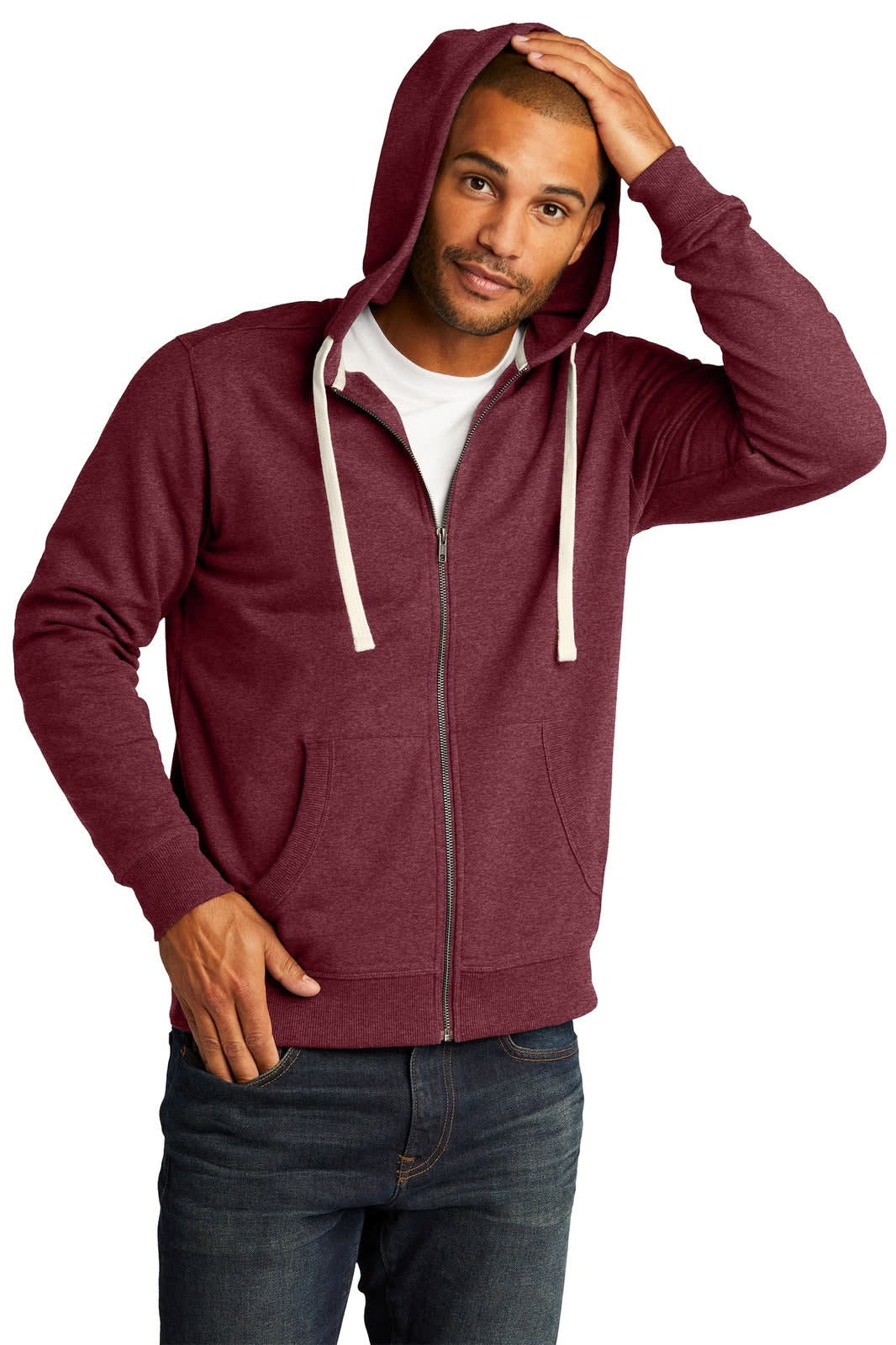 A maroon full-zip hoodie with a drawstring hood, featuring a simple logo and a casual fit.