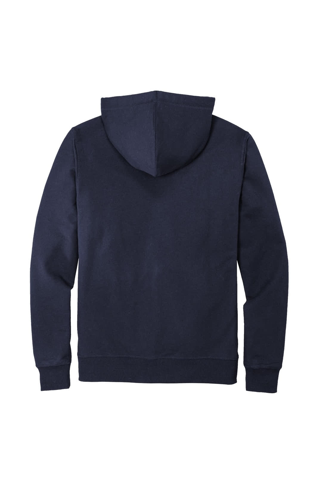 A navy blue full-zip hoodie with a hood and long sleeves, featuring a logo on the back.
