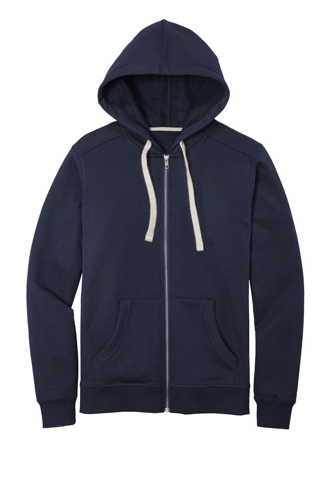 A navy blue full-zip hoodie featuring a hood, front pockets, and a contrasting drawstring. It has a logo.