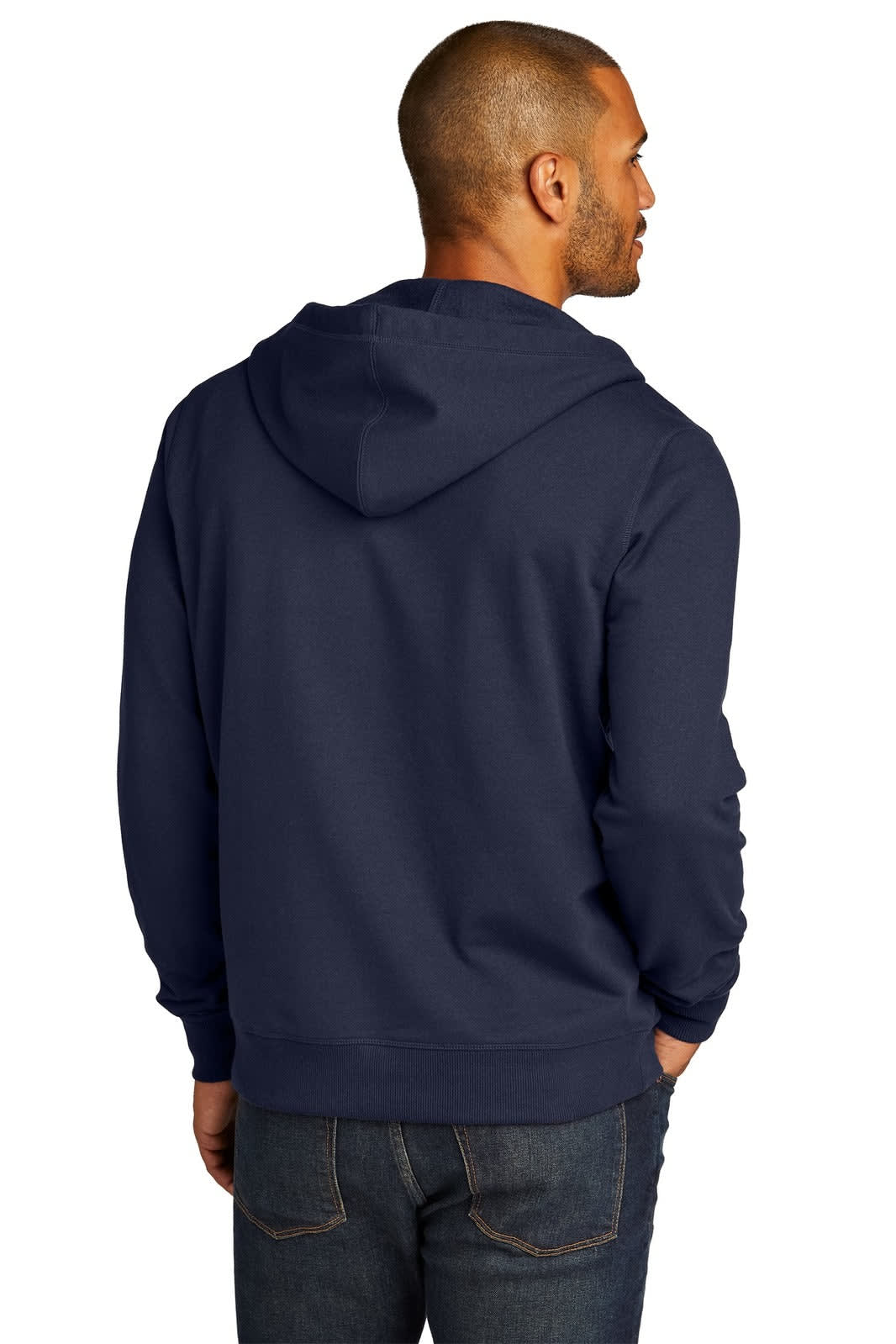 A navy blue full-zip hoodie featuring a hood and a logo on the back.
