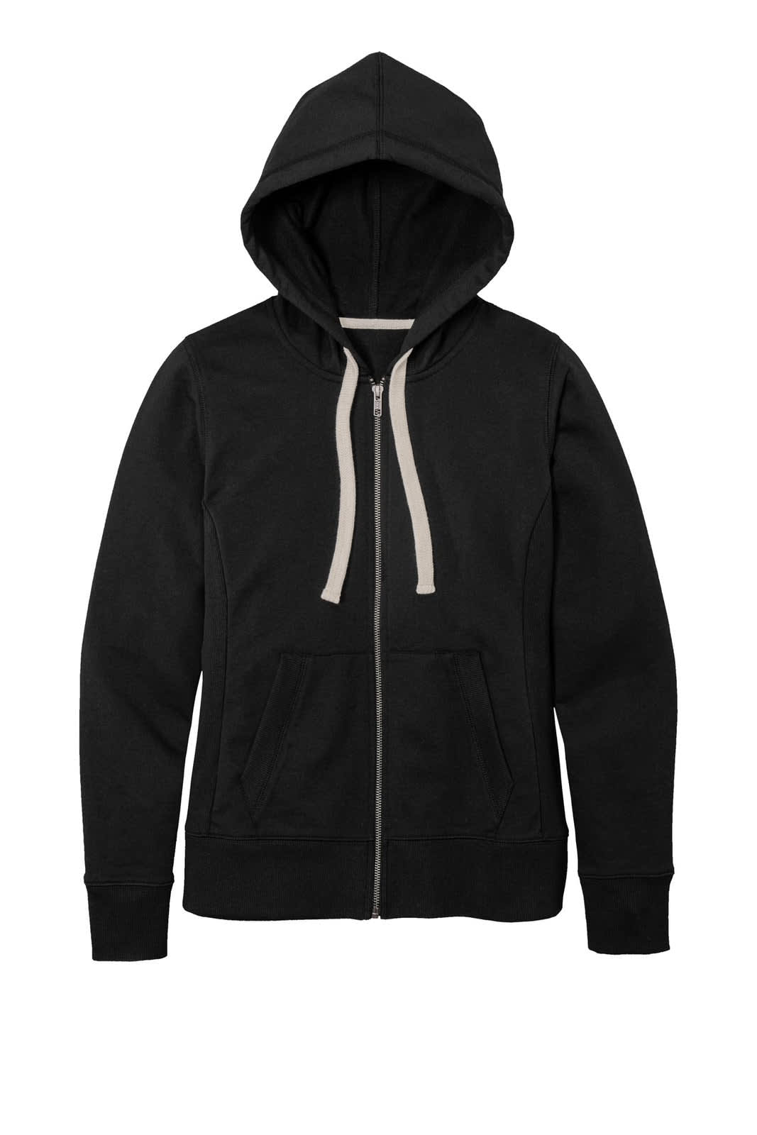 A black women's full-zip hoodie with a hood, featuring a front pouch pocket and contrasting drawstrings.