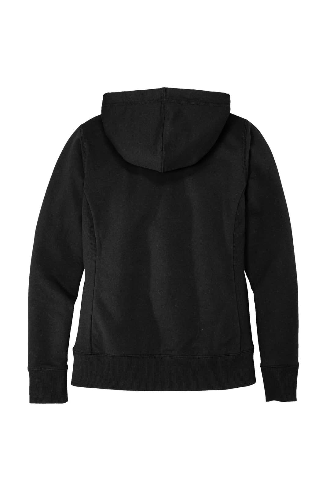 A black full-zip hoodie with a hood, featuring a smooth back design. It has a logo on the fabric.