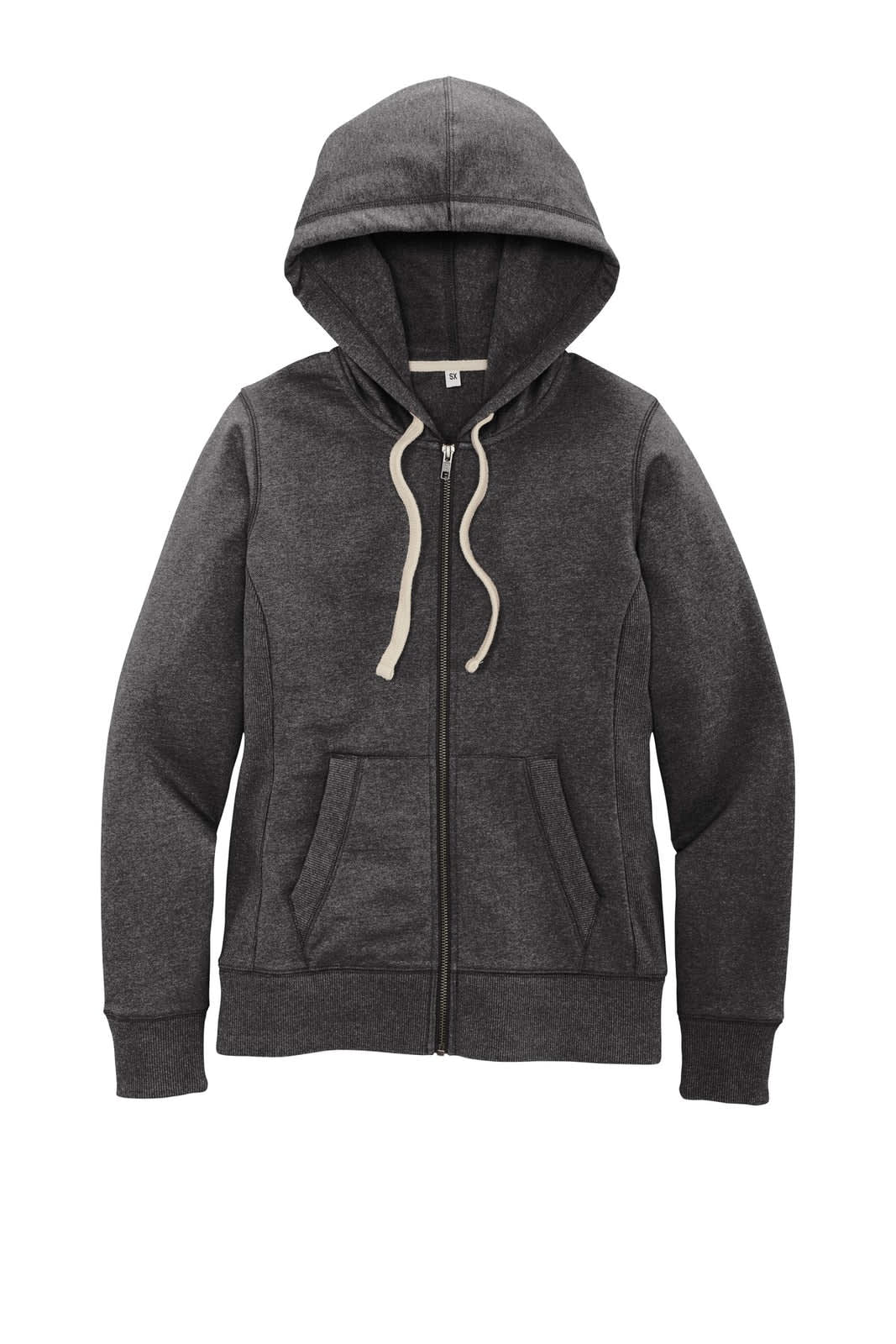 A grey full-zip hoodie with a hood, featuring cream drawstrings and two front pockets. It has a branding logo.