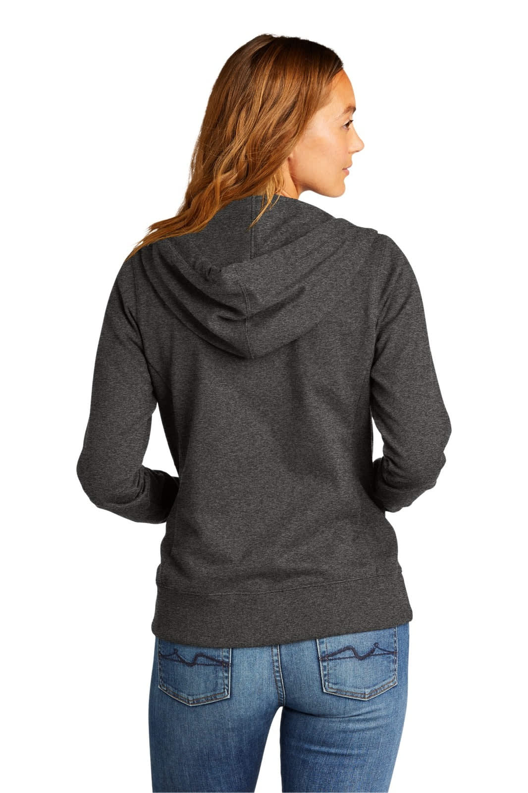 A grey women's full-zip hoodie with a hood, featuring a simple design and a branded logo.