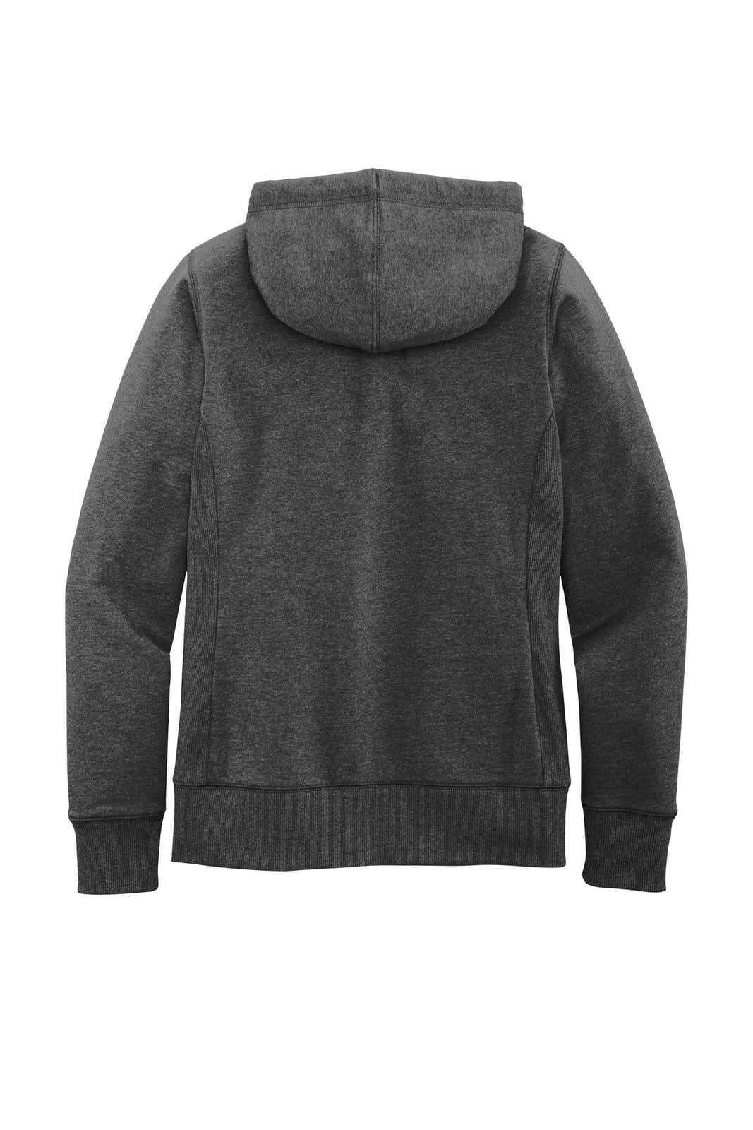 A grey full-zip hoodie featuring a hood and a branded logo on the back.