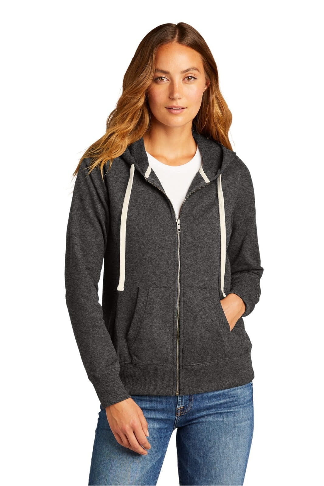 A grey women's full-zip hoodie with a white drawstring and pockets, featuring a logo on the chest.