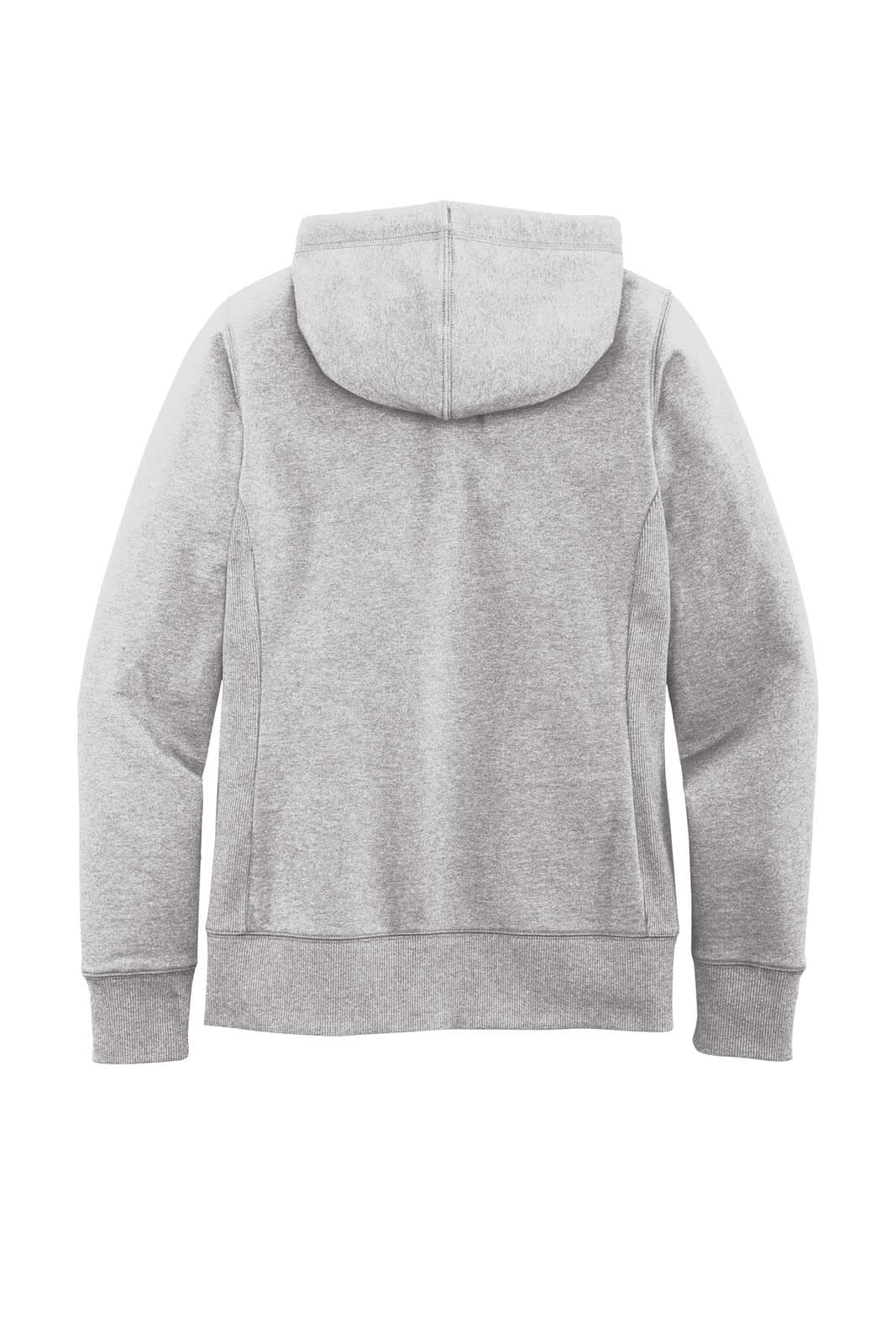 A grey full-zip hoodie with a hood, featuring a logo on the back. Suitable for women.
