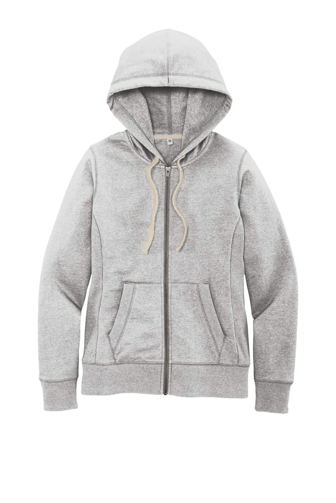 A grey women's full-zip hoodie with a hood, featuring a zip front and front pockets. It has a branded logo.