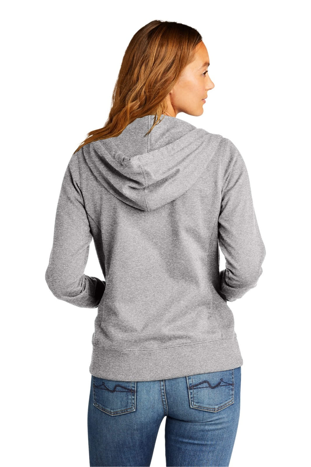 A grey full-zip hoodie with a hood, viewed from the back on a model wearing jeans. Features a logo.