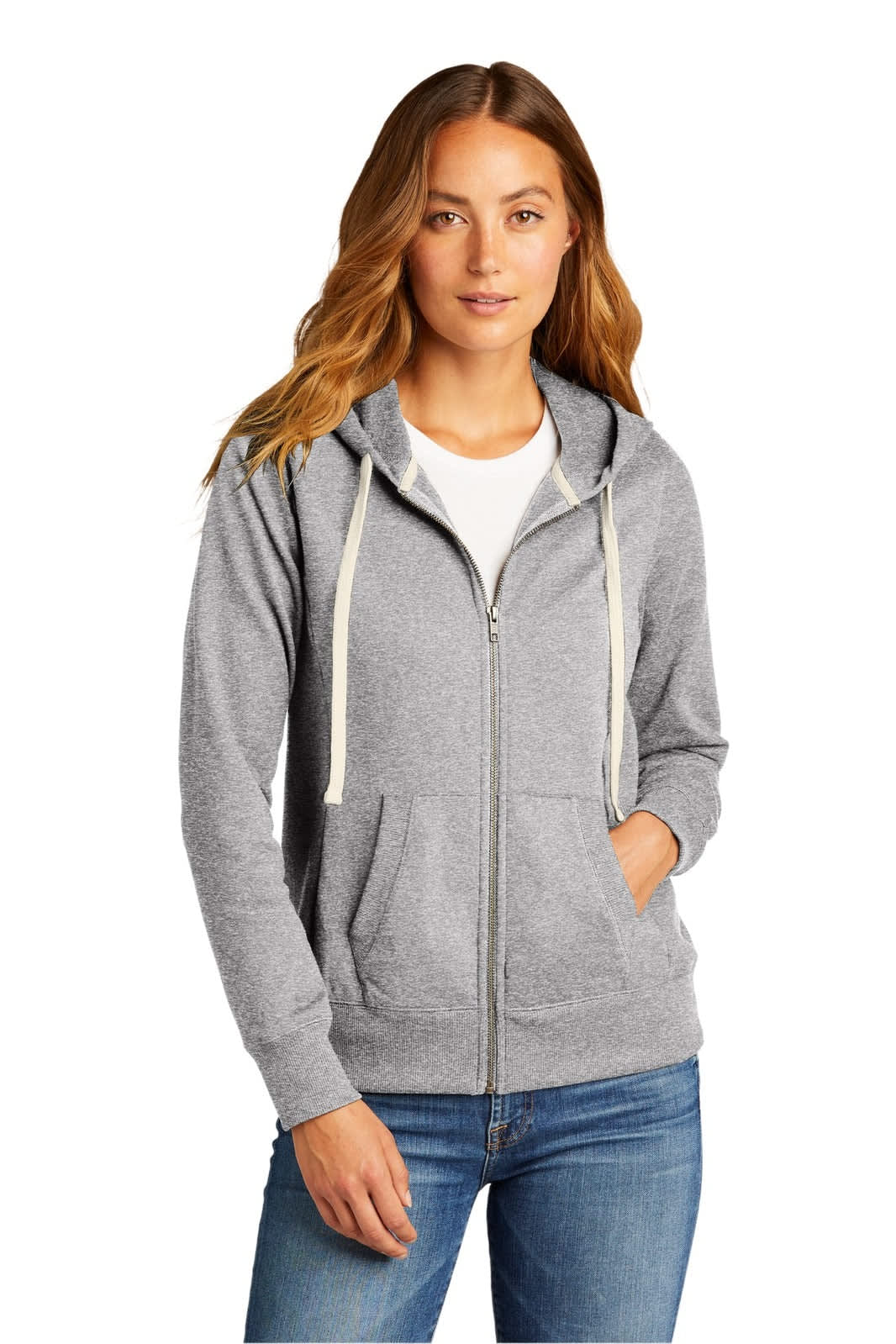 A woman wears a grey full-zip hoodie with a hood and front pockets, featuring a logo.