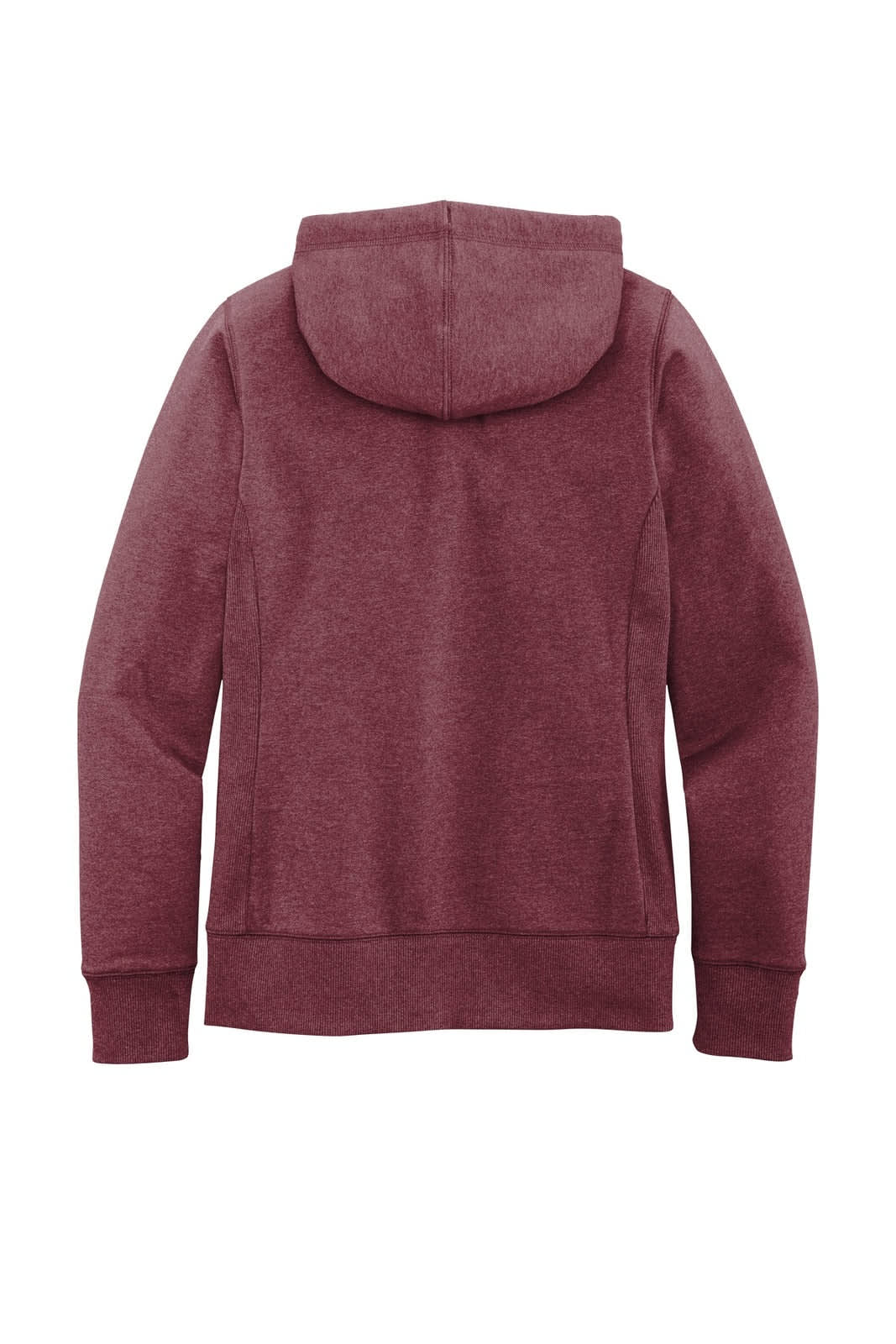 A maroon full-zip hoodie with a hood, featuring a simple back design and long sleeves. It has a logo.