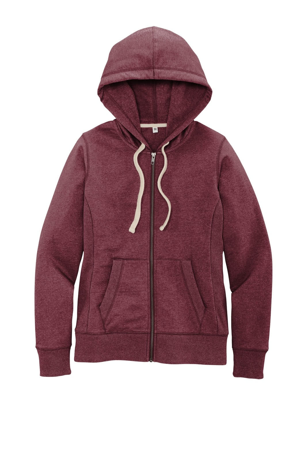 A burgundy women's full-zip hoodie with a hood and two front pockets, featuring a logo.