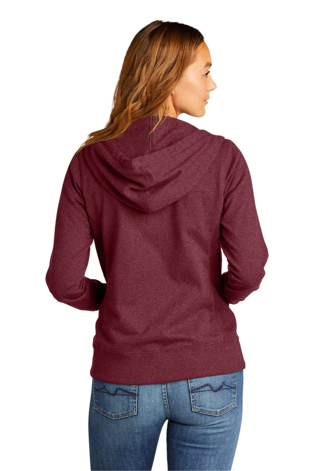 A maroon full-zip hoodie with a hood, featuring a logo, worn by a woman from the back.
