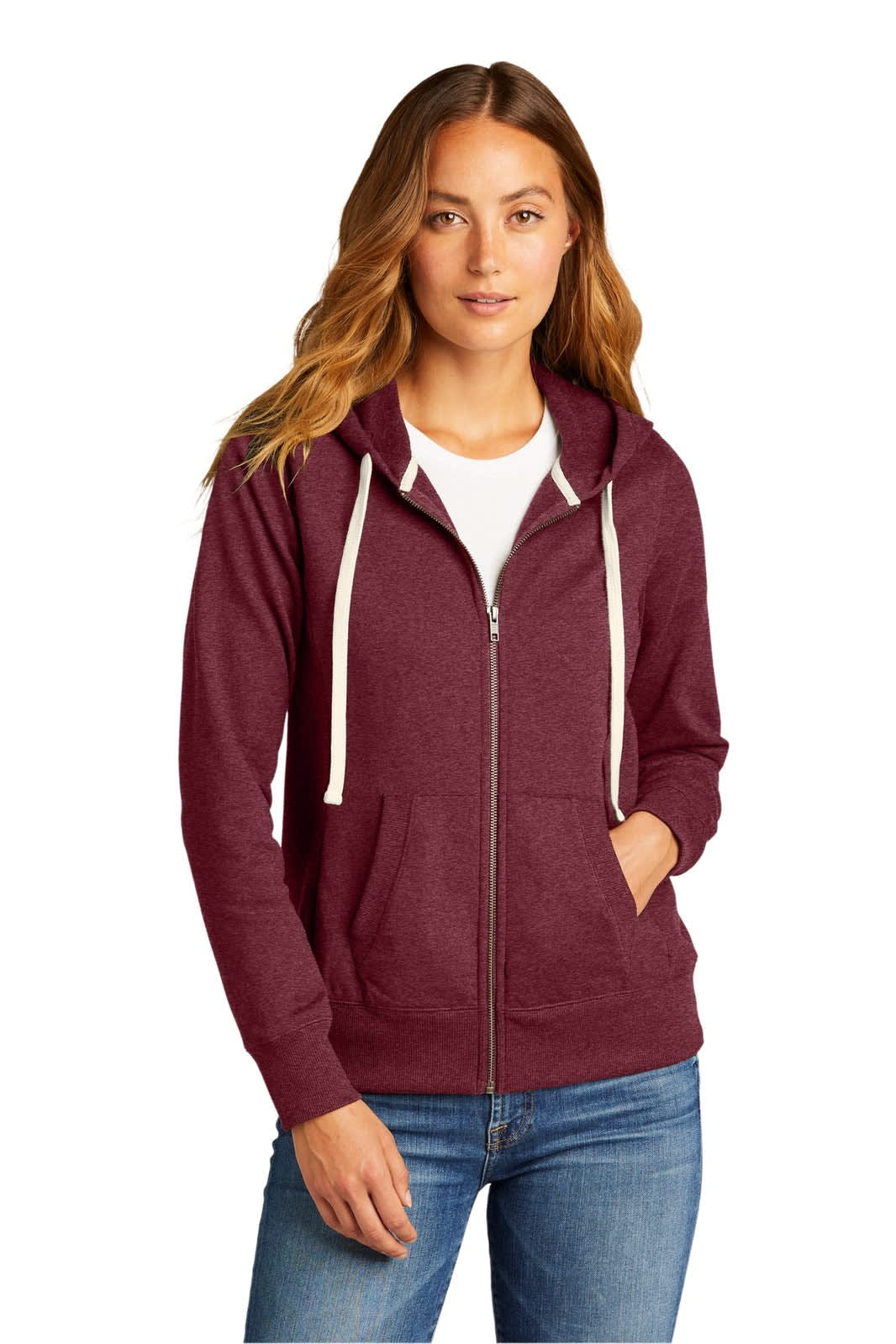 A burgundy full-zip hoodie with a white drawstring, featuring a kangaroo pocket and a logo.