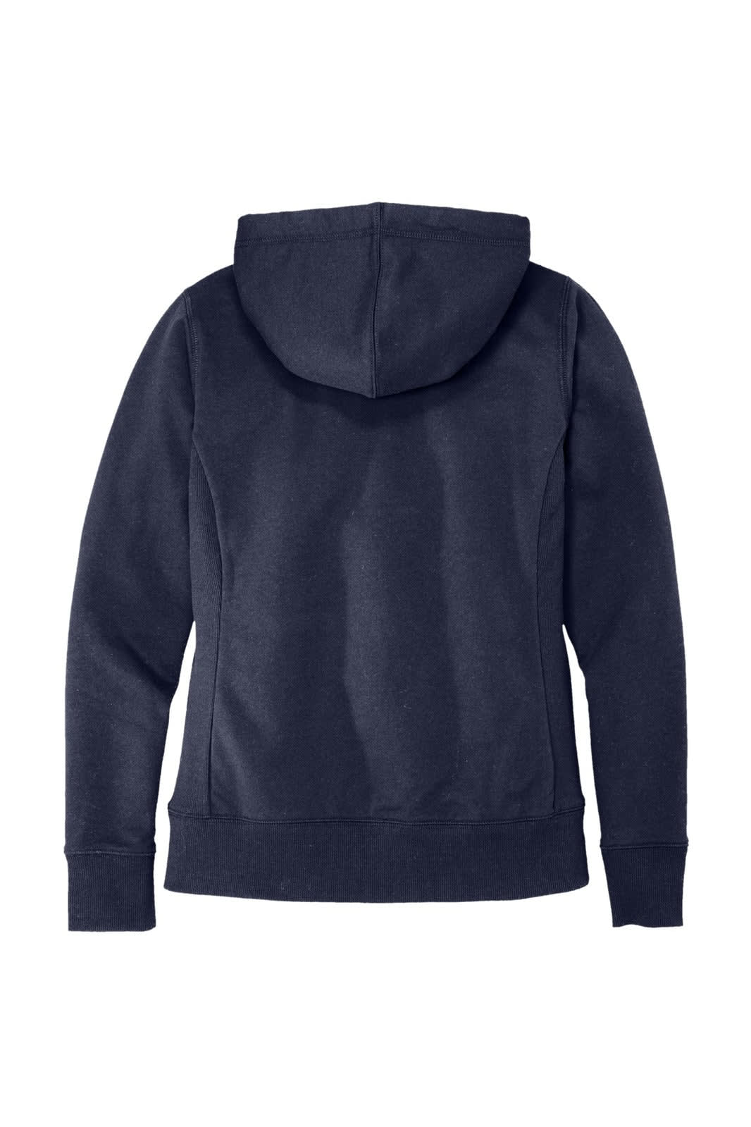 A navy blue women's full-zip hoodie featuring a hood and a branded logo on the back.
