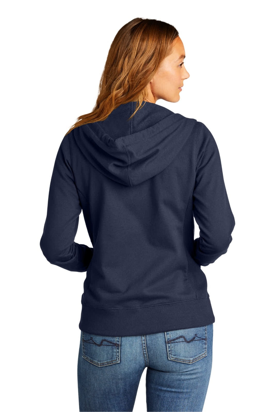 A navy blue women's full-zip hoodie with a hood, featuring a logo on the back, paired with jeans.