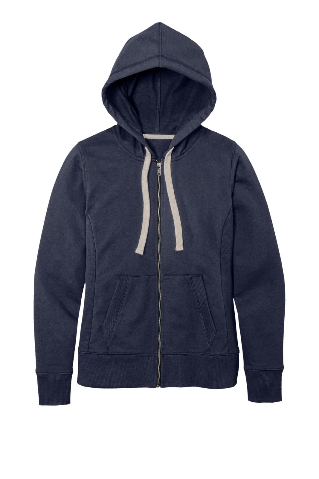A navy blue full-zip hoodie with a hood, featuring a contrasting drawstring and a logo.