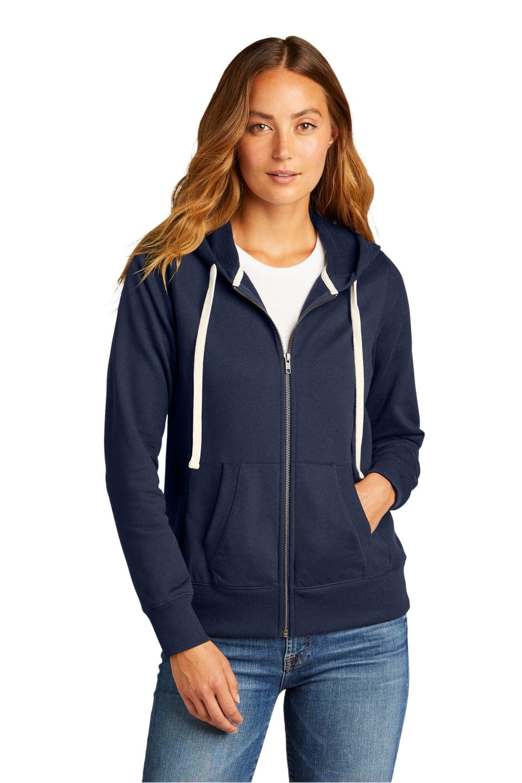 A navy blue women's full-zip hoodie with a front pocket and drawstring hood, featuring a logo.