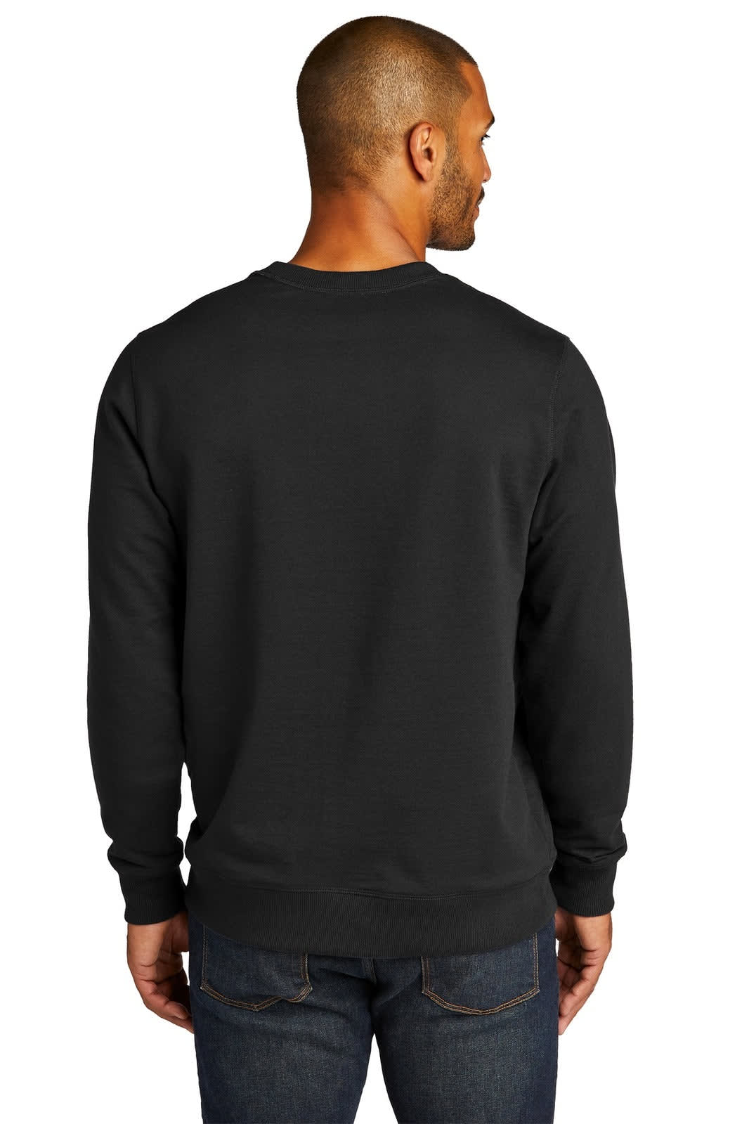 A black sweatshirt with a crew neck, seen from the back, worn by a male model. Features a branding logo.