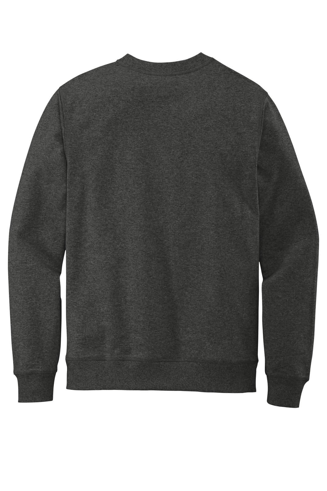 A grey crew jumper with a plain back and long sleeves, featuring a logo.