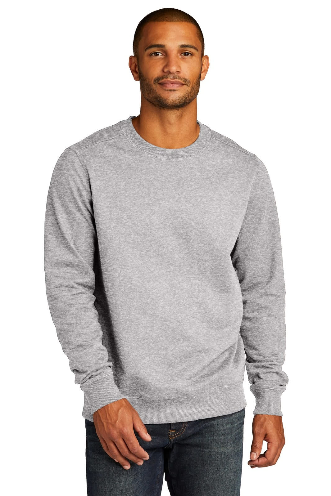 A grey sweater with a crew neck and long sleeves, featuring a logo on the chest.