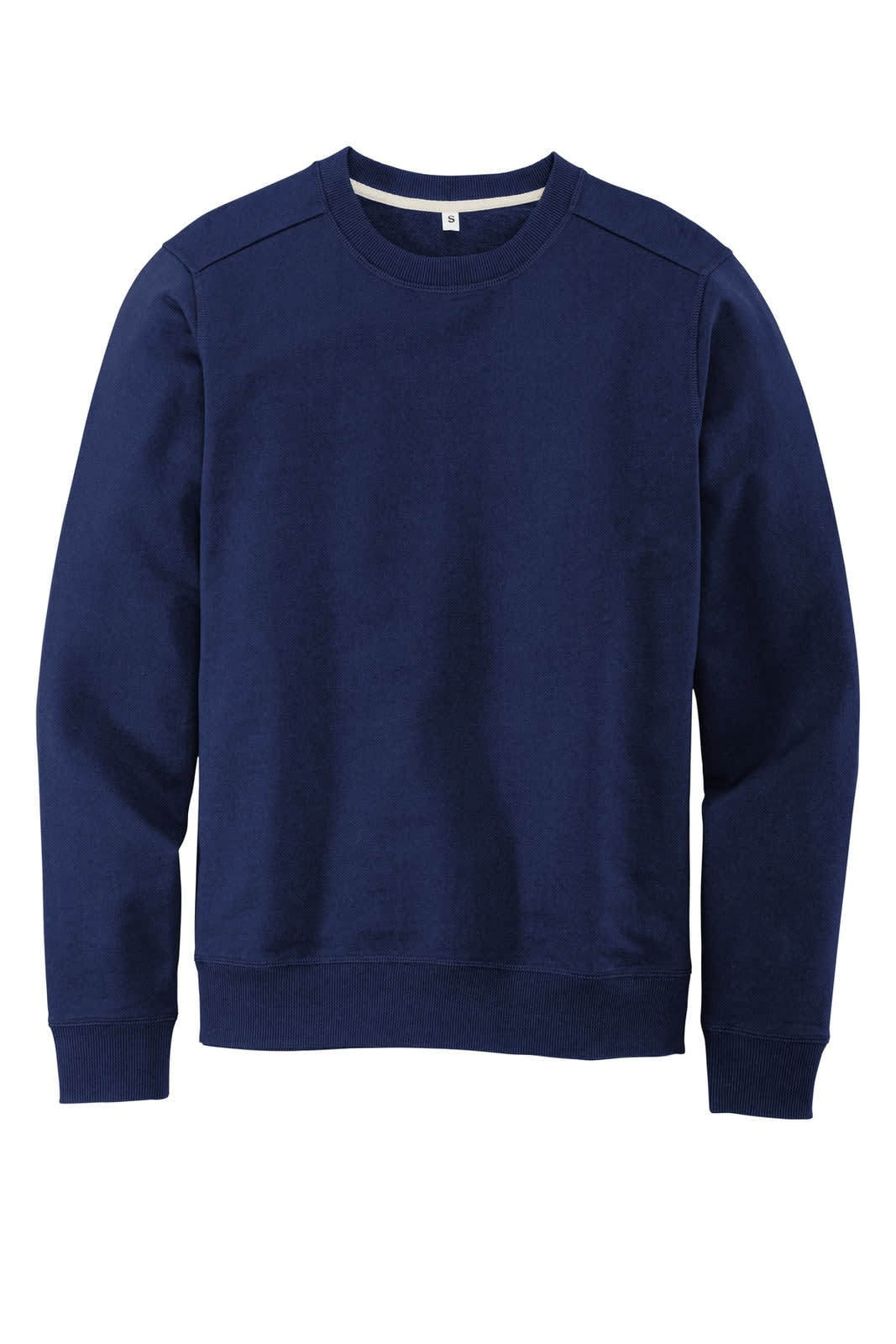 A navy blue crew jumper made from fleece fabric with a round neckline and ribbed cuffs. It features a small logo.