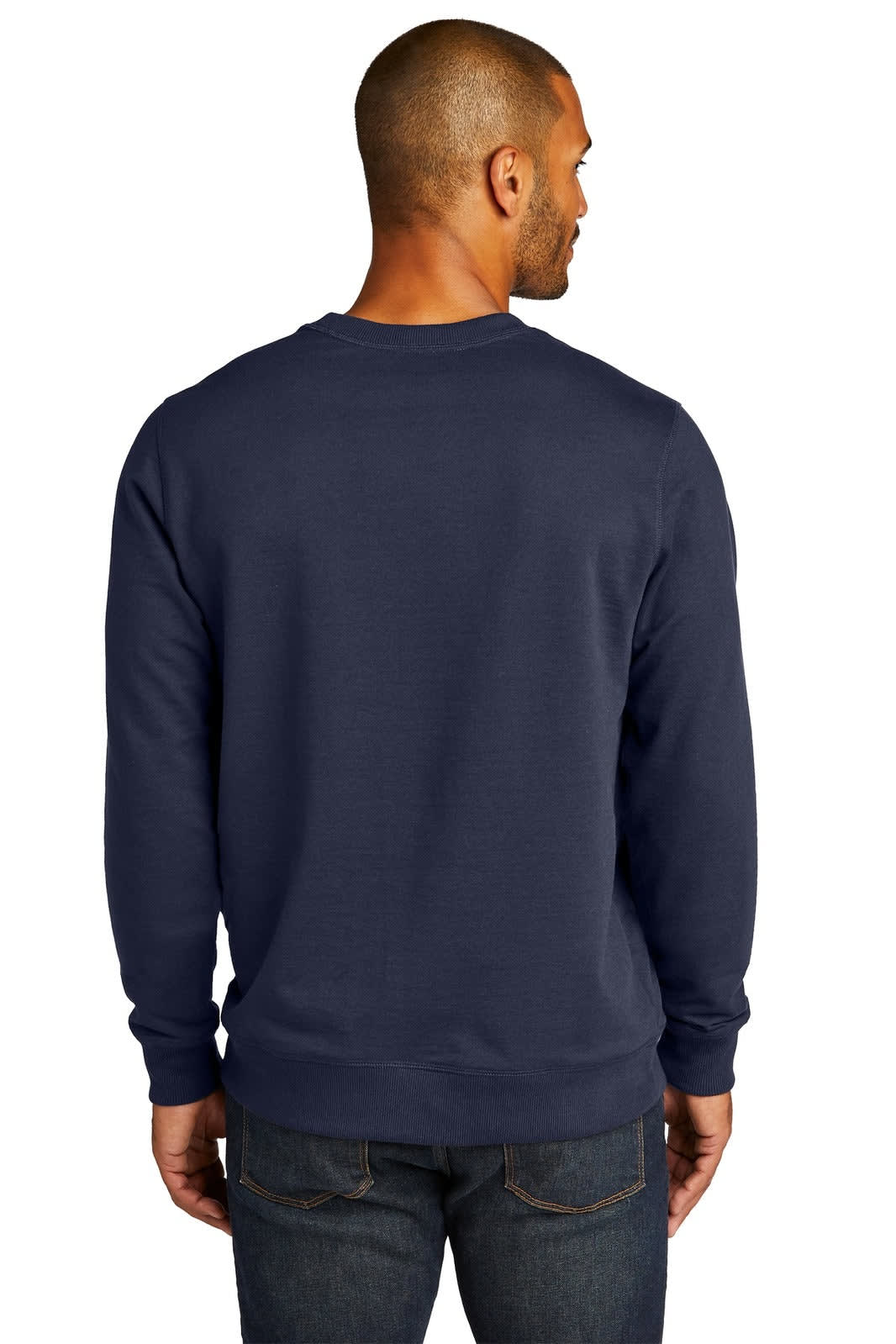 A navy blue crew jumper worn by a man, showcasing the back view with a simple design. It features a logo.