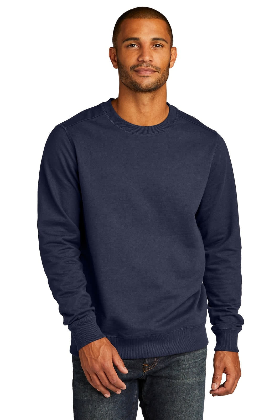 A navy blue crew jumper with long sleeves and a round neckline. It features a logo on the front.