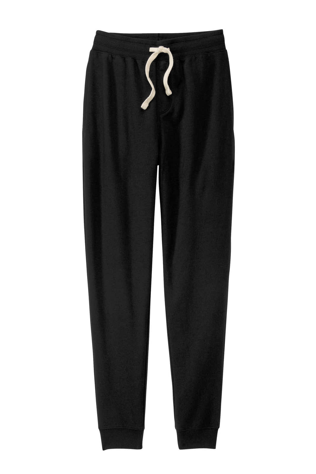 A pair of black jogger track pants with a drawstring waistband and a branding logo.