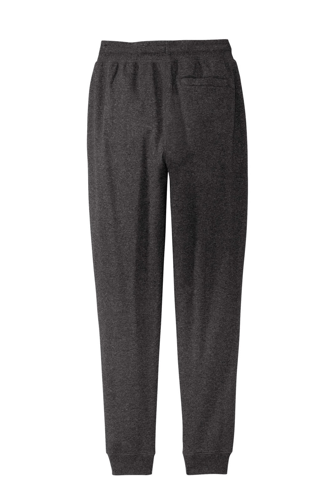 A pair of dark grey jogger pants featuring a slim fit and pockets, with an added logo on the design.