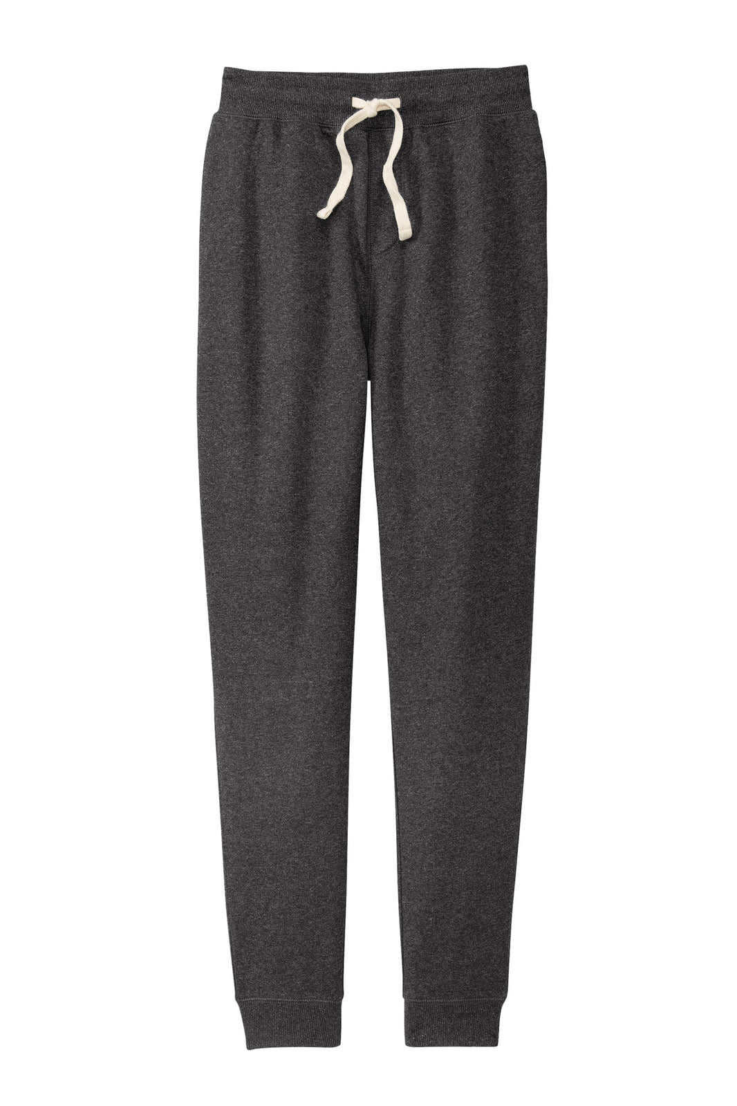 A pair of dark grey jogger track pants with a drawstring waistband and tapered legs. Features a logo.