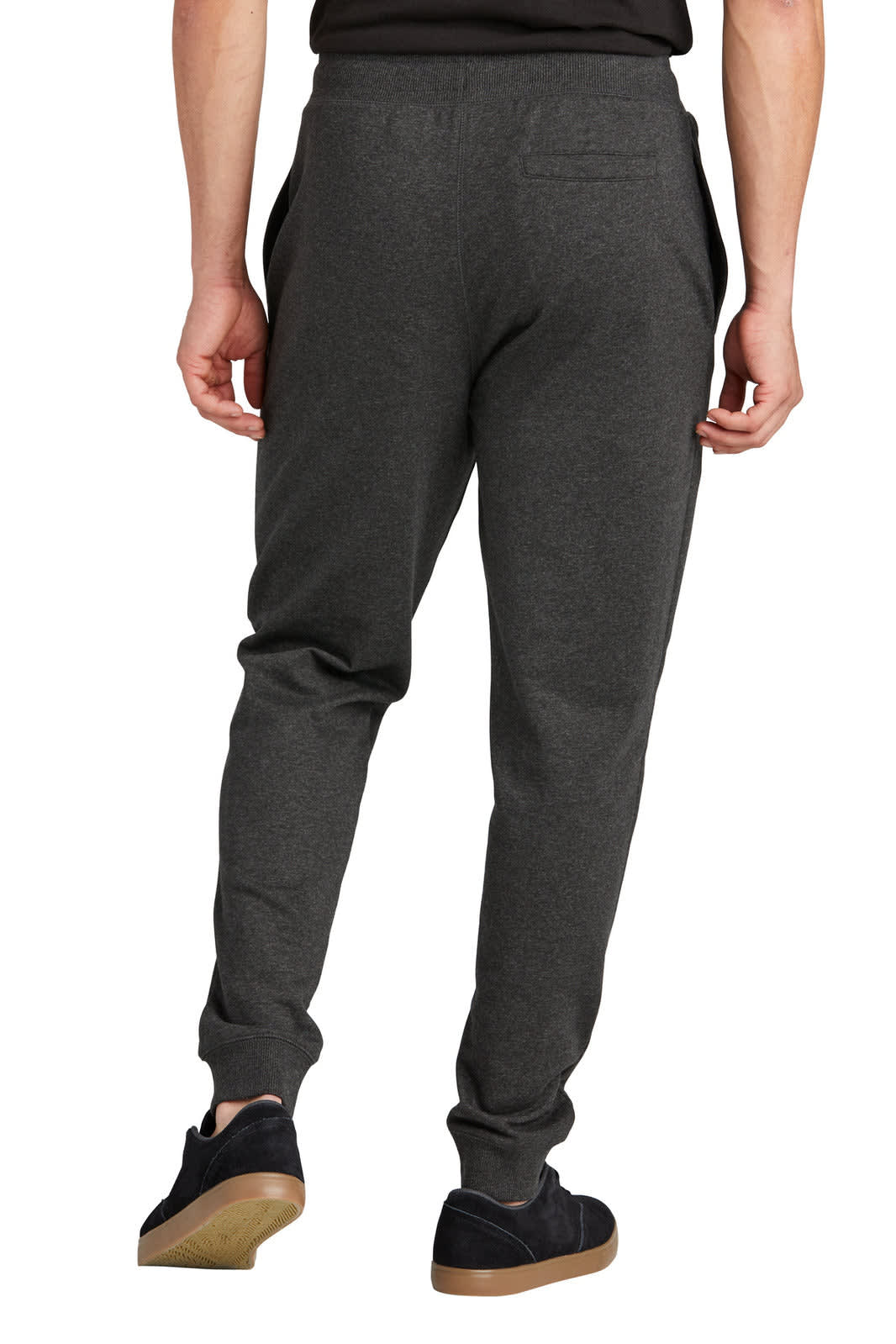 A pair of grey jogger track pants features a tapered fit and pockets, styled with a casual look.
