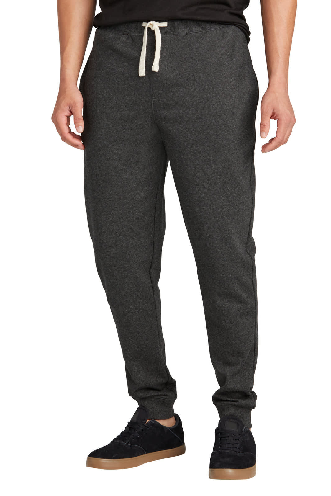 A pair of dark grey jogger pants with a drawstring waist, featuring tapered legs and a casual style.