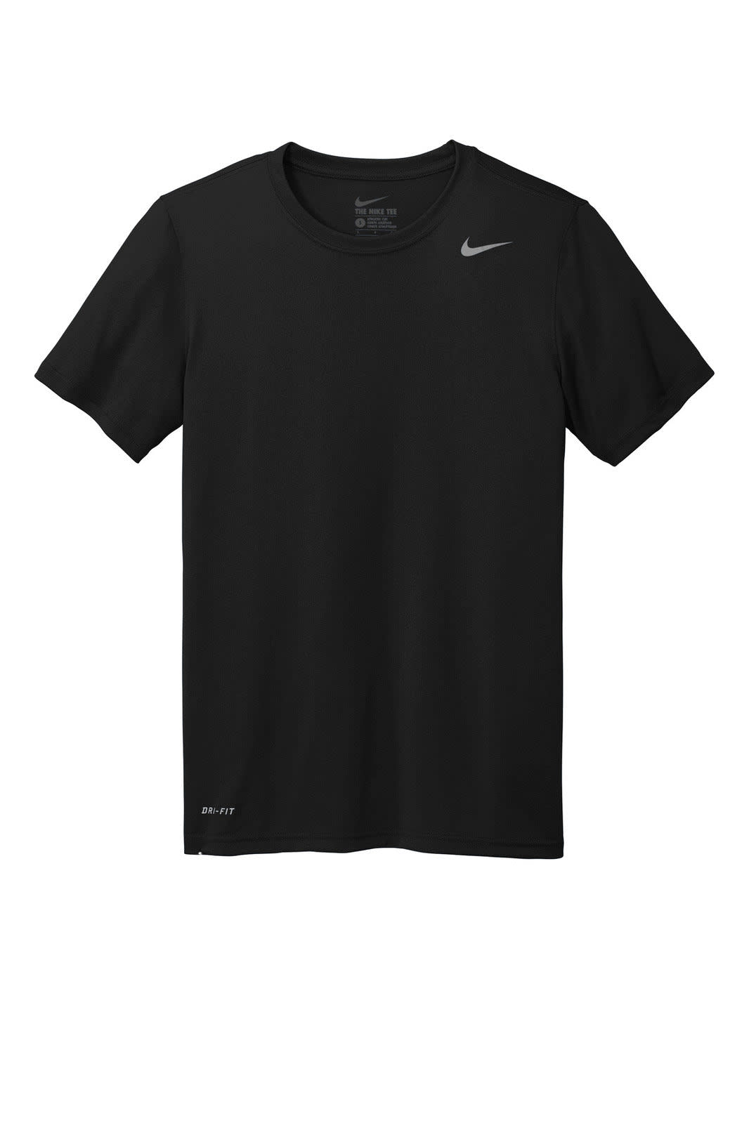 A black Nike Team rLegend Tee with short sleeves and a branding logo.