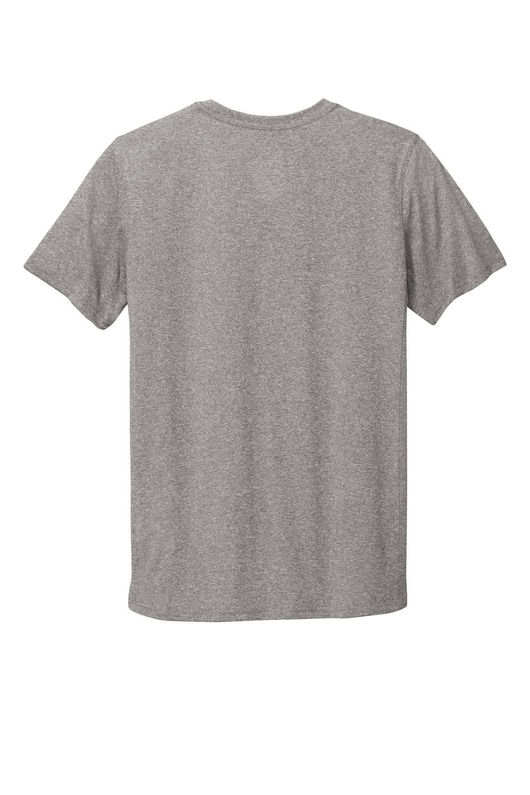 A grey T-shirt with short sleeves and a plain back, featuring a logo.