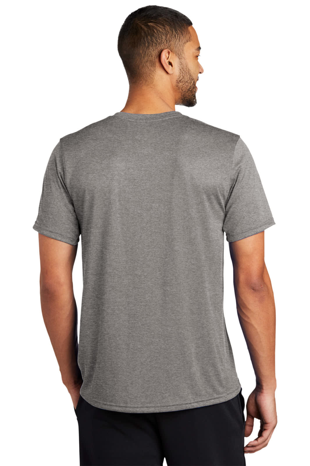 A grey T-shirt with short sleeves, featuring a branding logo, shown from the back.