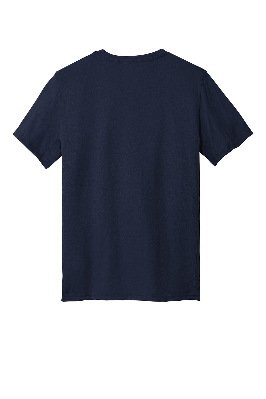 A navy blue t-shirt featuring a plain back and short sleeves. It has a logo on the upper back.
