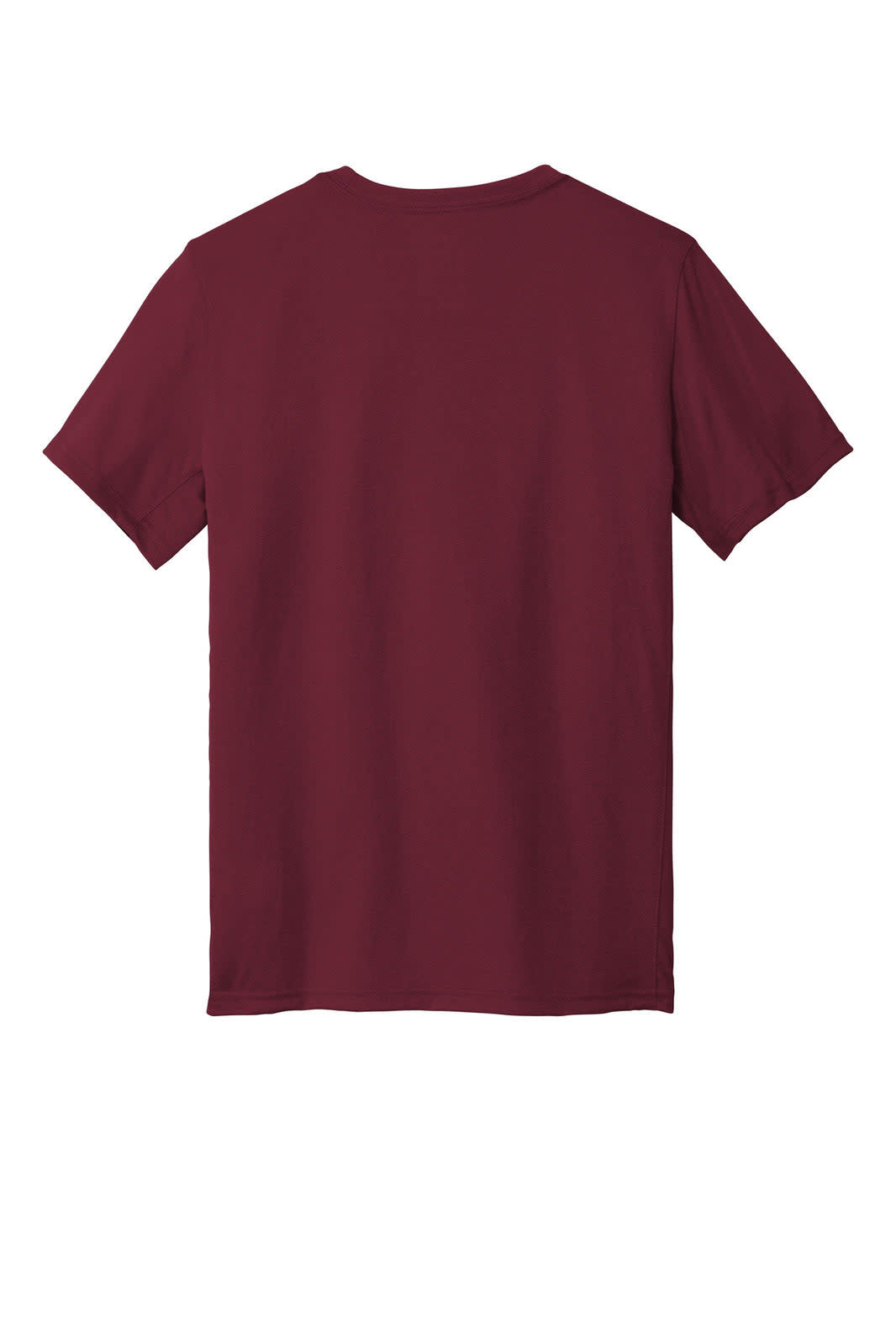 A burgundy T-shirt with short sleeves, featuring a simple back design and a logo.