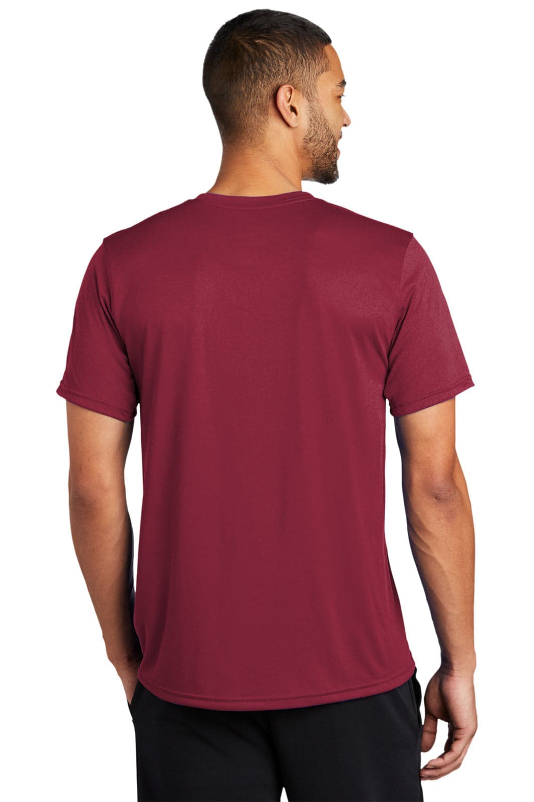 A maroon t-shirt featuring a branding logo on the back, displayed on a mannequin from the rear view.