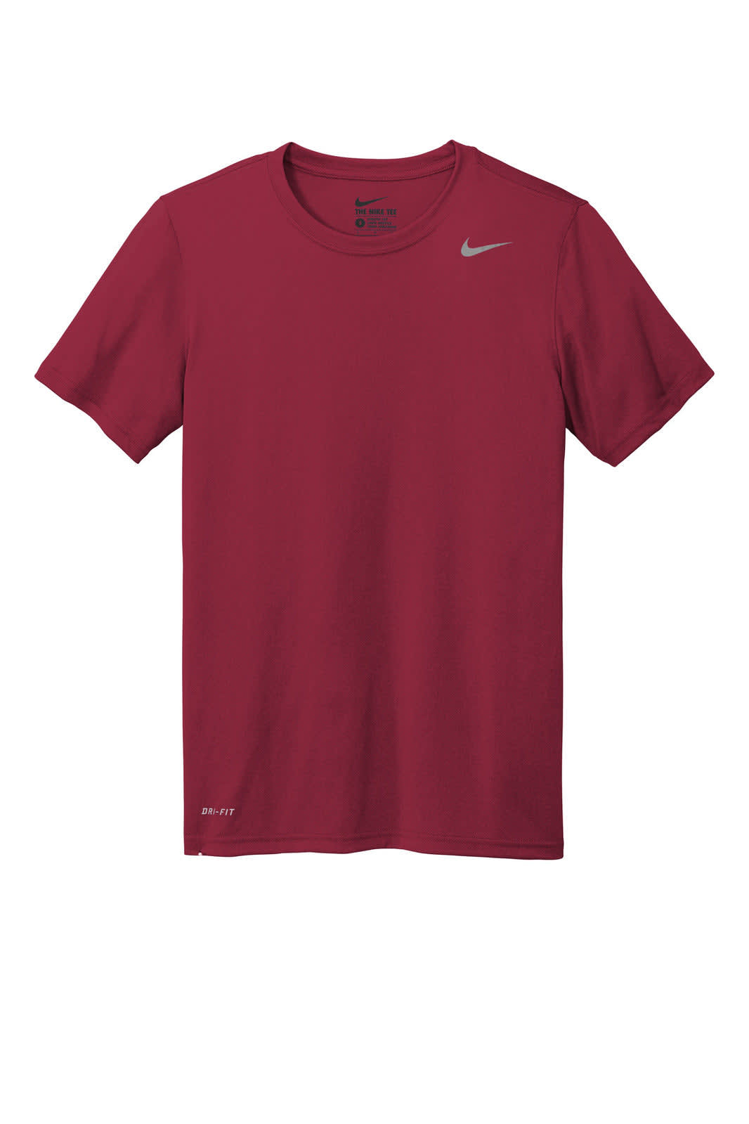 A red Nike Team rLegend Tee with a grey logo. Short-sleeved, lightweight fabric design.
