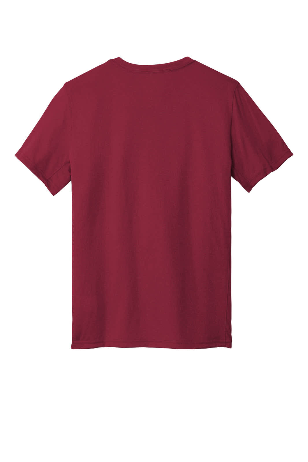 A maroon T-shirt with short sleeves, featuring a plain back and a logo on the front.