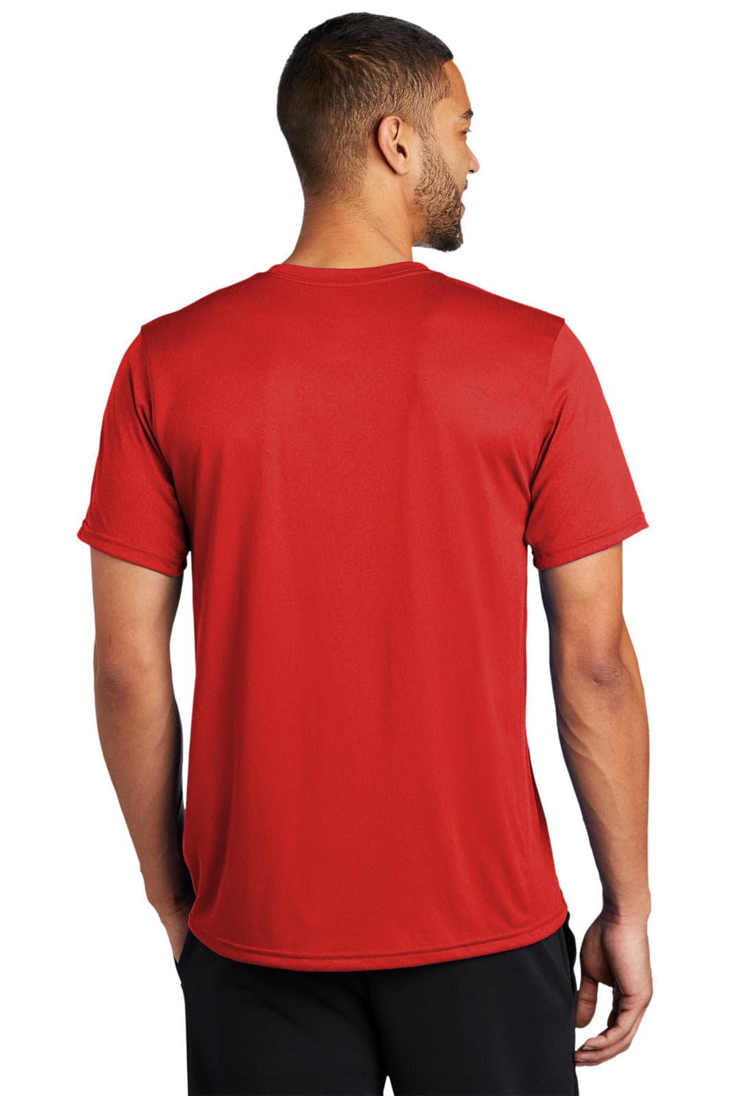 A red short-sleeved T-shirt with a crew neck and a back view, featuring a logo on the upper back.