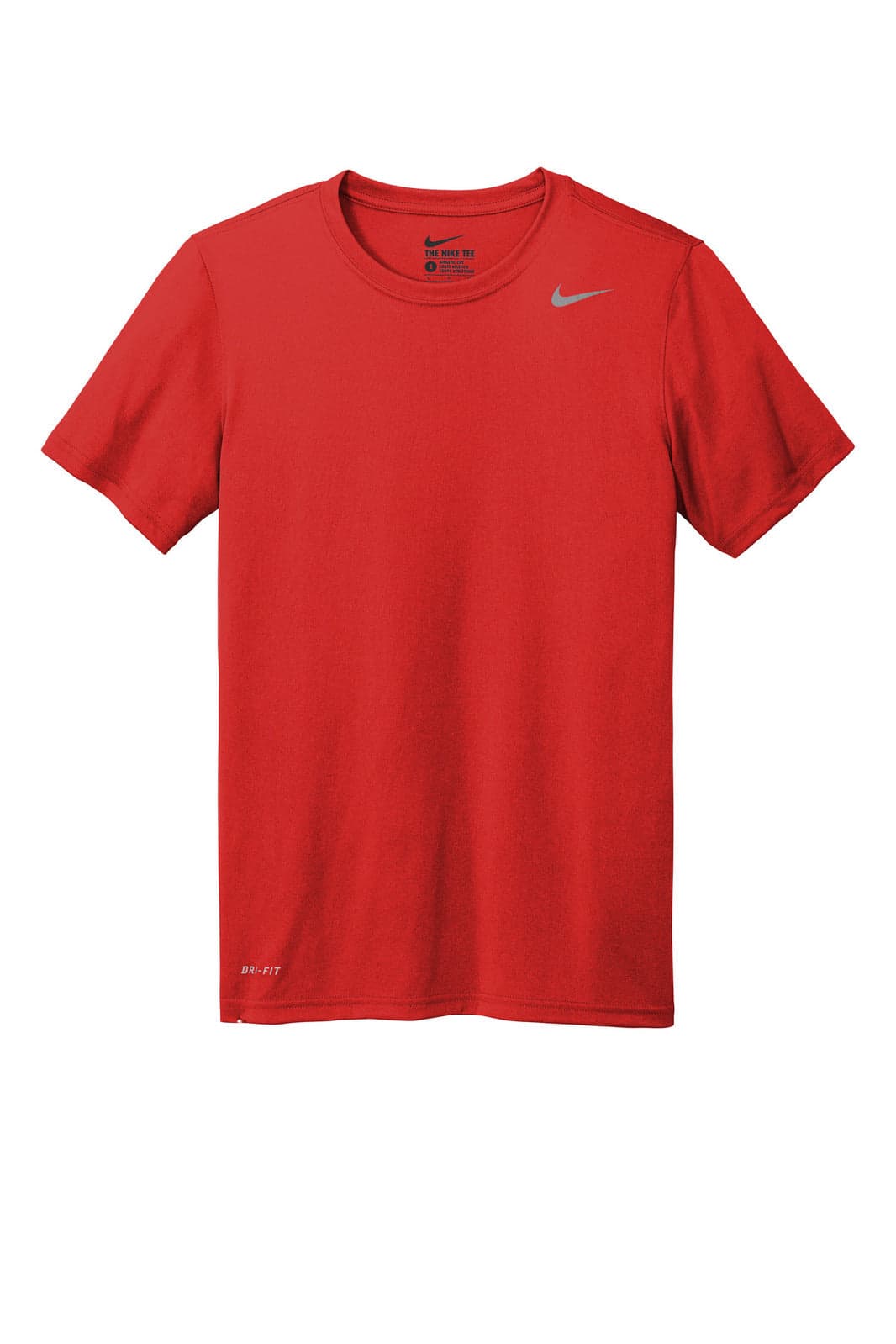 A red Nike Team rLegend Tee T-shirt featuring a simple design and a logo.
