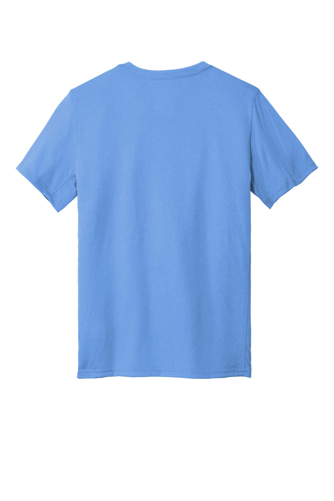 A light blue T-shirt with short sleeves and a plain back, featuring a logo on the front.