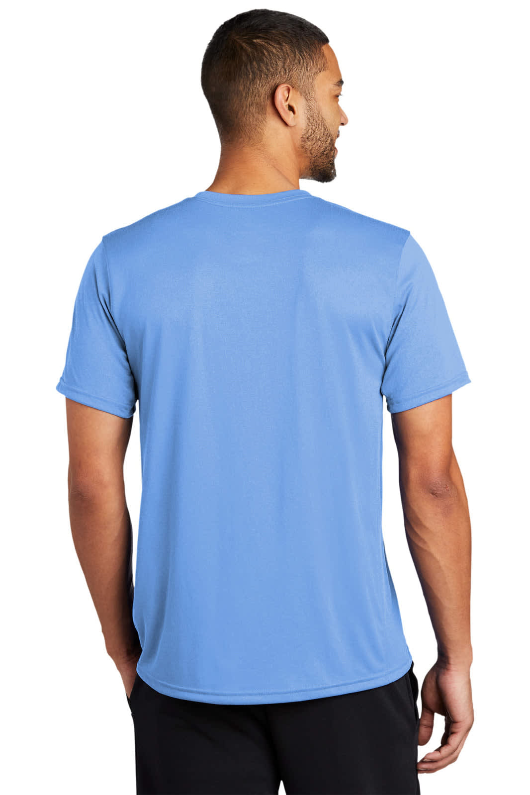 A blue Nike Team rLegend Tee displayed on a male model, showing the back view of the shirt.