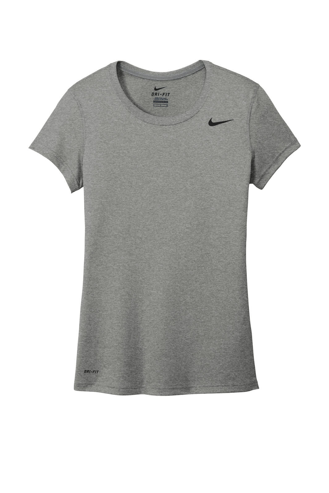 A grey Nike ladies T-shirt with a fitted design and short sleeves, featuring a logo on the chest.