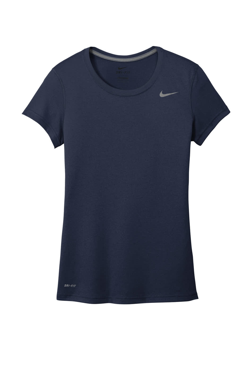 A navy blue women's T-shirt with a round neckline and short sleeves, featuring a logo on the chest.