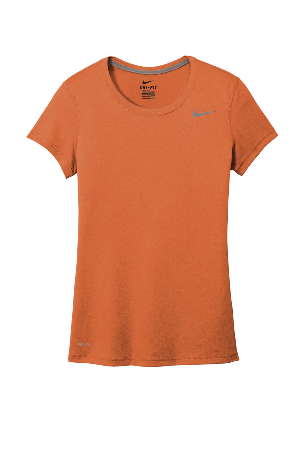 An orange Nike ladies T-shirt with a crew neck and a small logo. It features a fitted design.