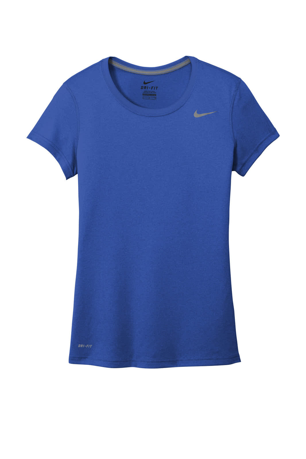 A blue ladies' t-shirt featuring a logo, with a classic crew neckline and short sleeves.