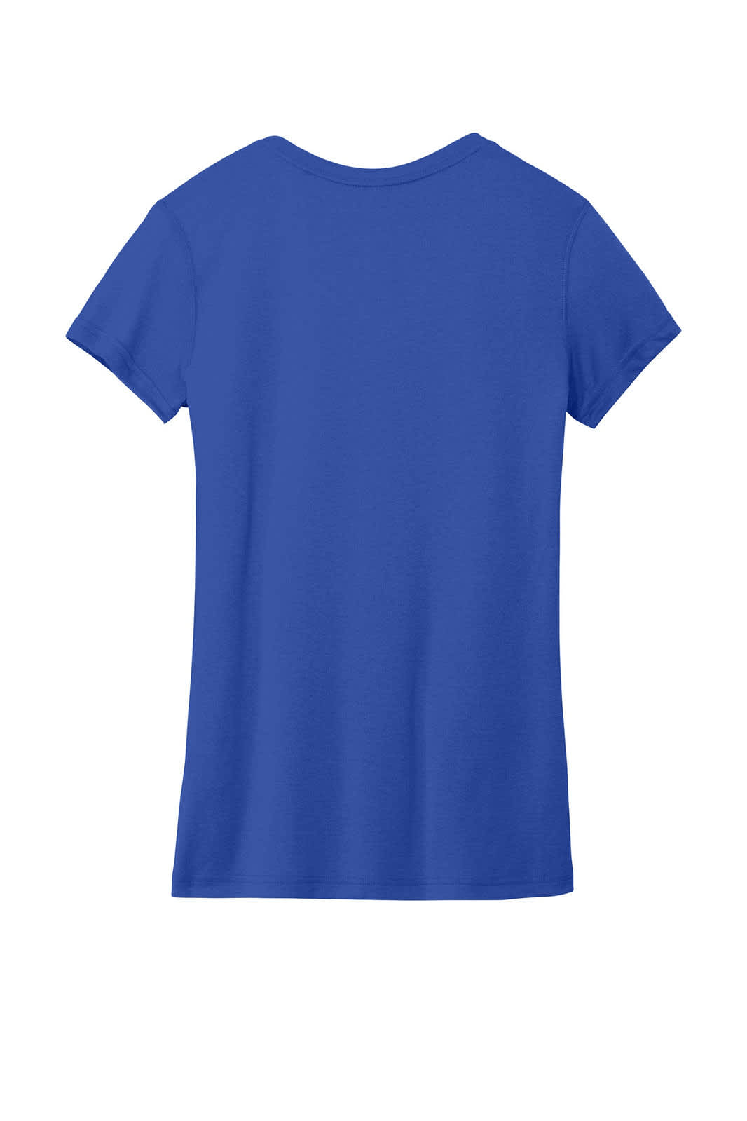 A blue short-sleeved women's T-shirt with a round neck and a logo on the back.